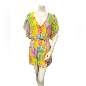 Becca Tropical Sheer Swim Cover Up Dress Yellow Floral Beach Resort M/L